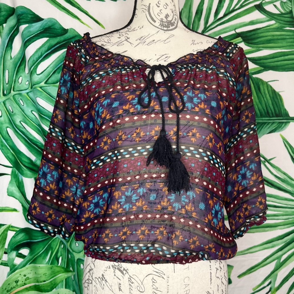 Olsenboye Small Red Black Sheer Boho Cropped Spring Summer Fall Blouse